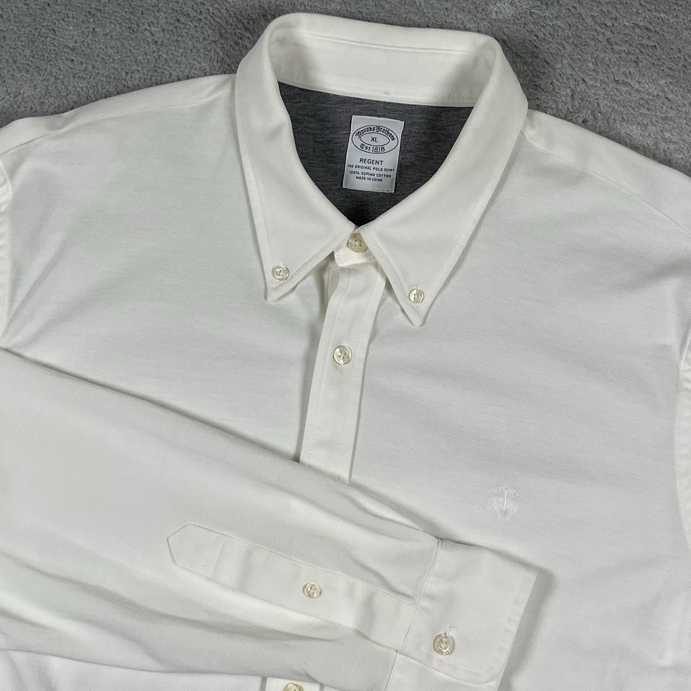 Brooks Brothers 1818 Golden Fleece White Cream Men Long Sleeve Polo Shirt Supima